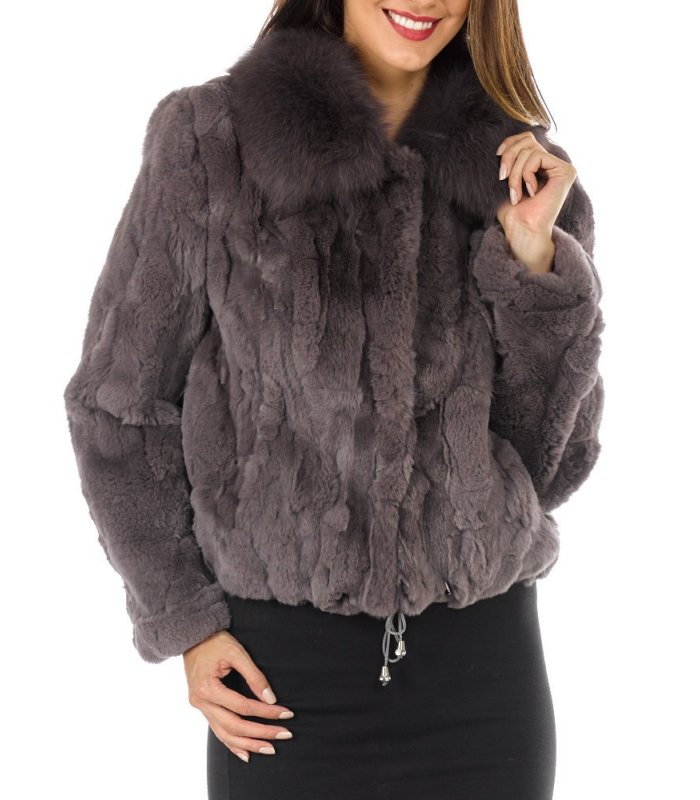 Fur Jacket - Rex Rabbit Fur with Fox Fur Collar - Grey: FurSource.com