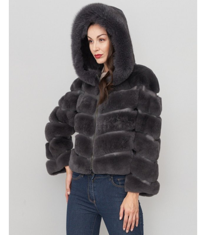 Layered Rex Rabbit Fur Jacket in Charcoal: FurSource.com