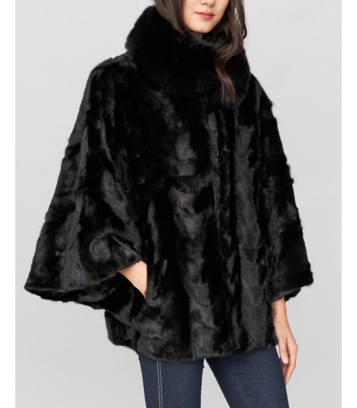 Pieced Black Mink Fur Cape with Fox Fur Collar: FurSource.com