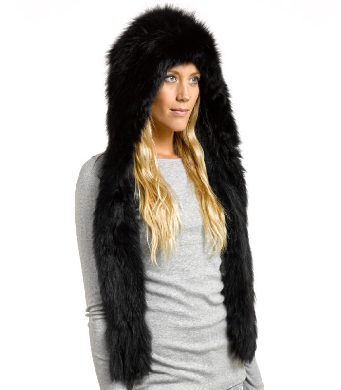Black Knitted Hood Scarf - Fox Fur: FurSource.com