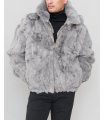 Rabbit Fur Hooded Bomber Jacket in Grey