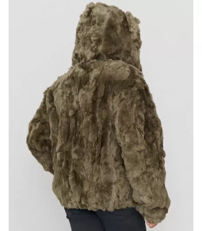 Pieced Rabbit Fur Hooded Bomber Jacket for Men in Olive : FurSource