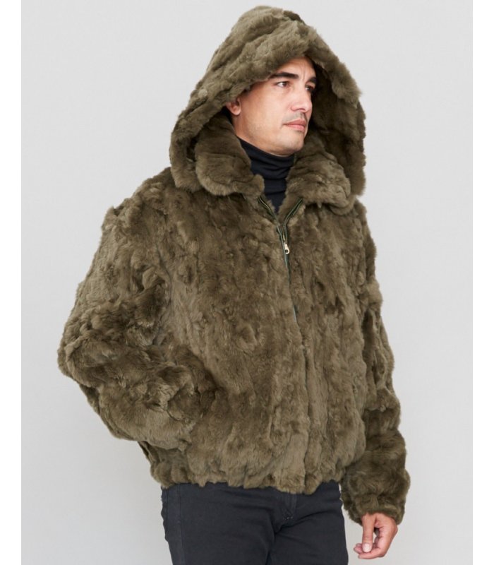 Pieced Rabbit Fur Hooded Bomber Jacket for Men in Olive : FurSource