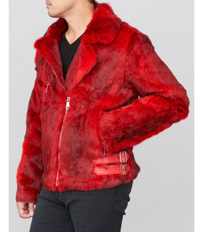 Evan Rabbit Fur Biker Jacket in Red: FurHatWorld