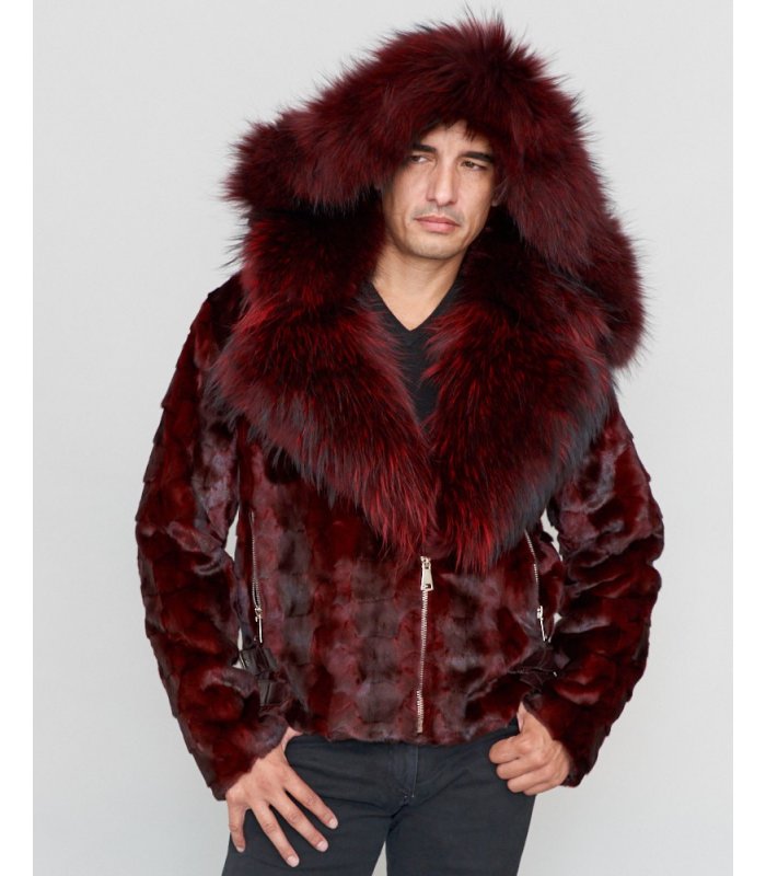 Rabbit Fur Lined Bomber Coat With Silver Fox Fur Collar 