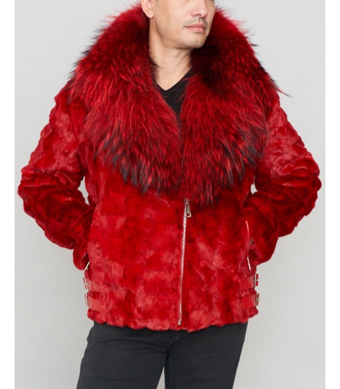 mens diamond mink motor jacket with fox collar hood red p 4272