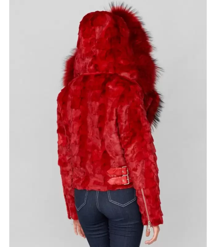 Mink Motor Jacket w/Fox Collar & Hood in Red: FurSource