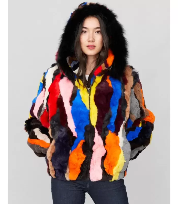 Multi Color Rabbit Fur Bomber Jacket with Hood: FurSource