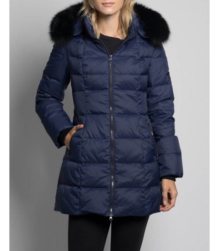 Midlength Blue Down Filled Coat with Fox Fur Hood Trim: FurSource.com