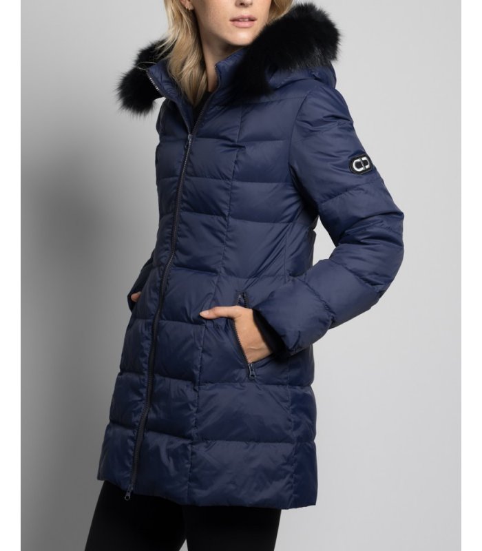 Midlength Blue Down Filled Coat with Fox Fur Hood Trim: FurSource.com