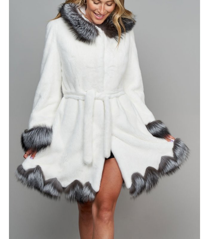 Cambridge White Mink Fur Princess Coat With Silver Fox Fur Trim 