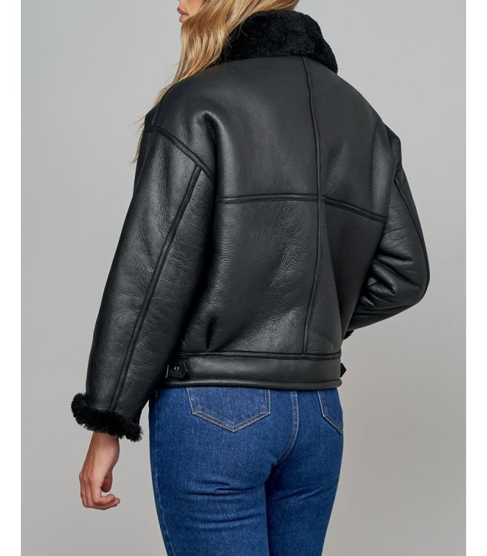 Roxanne Leather Sheepskin Moto Jacket in Black: FurSource.com