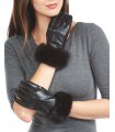 Mink Fur Trim Black Leather Gloves - Wool Lined