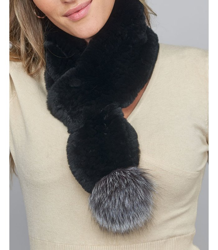Black with Brown Stripe and Boxes Rex Rabbit Fur Scarf with Pleated Ends -  A.J. Ugent Furs %