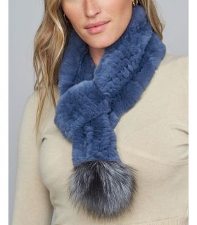 Knitted Rex Rabbit Fur Scarf with Silver Fox Fur Fringe in 2023