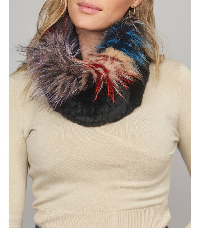 Knit Fox Fur & Rex Rabbit Fur Scarf Multi Colour 