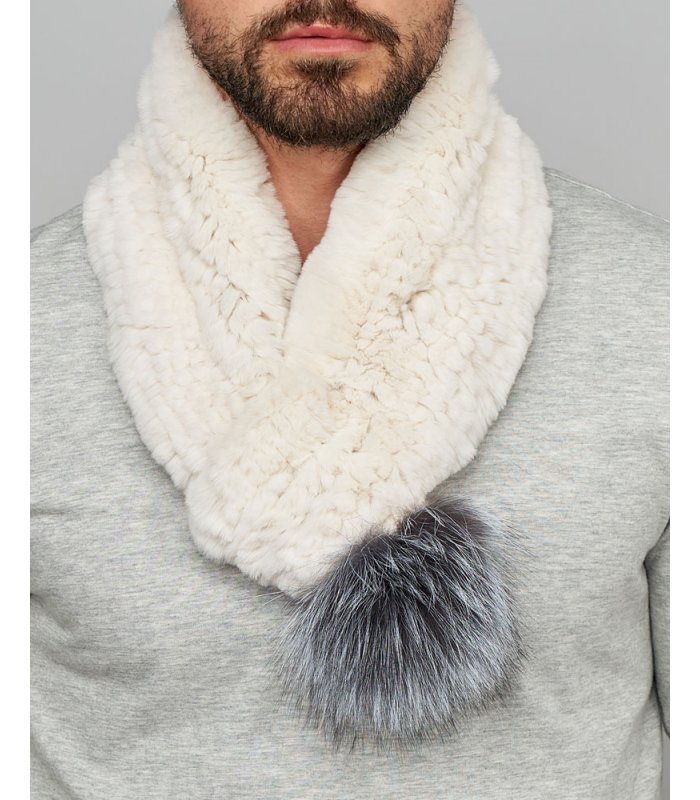 Bleached White Sheared Rex Rabbit Fur Stole with Fox Fur - A.J. Ugent Furs %
