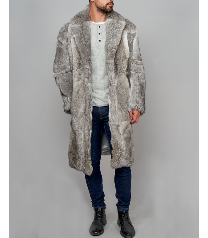 Dmitri Grey Rabbit Full Length Overcoat For Men: FurSource.com