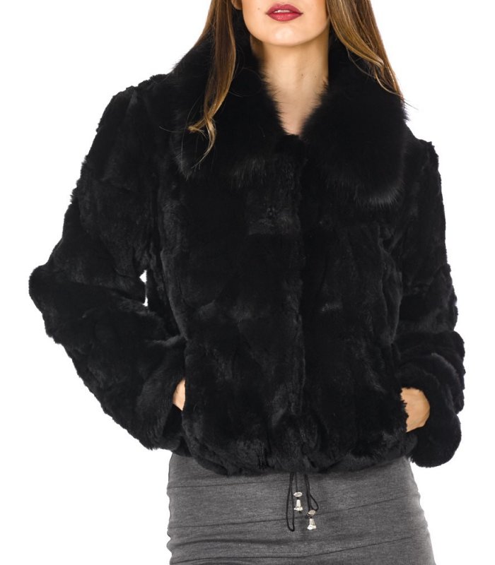  Women's Genuine Rabbit Fur Coat with Raccoon Fur Trim