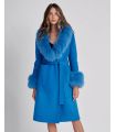 Wool Wrap Coat with Fox Fur in Blue