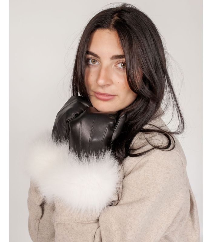 Napa Leather Mitterns with White Fox Fur Cuff