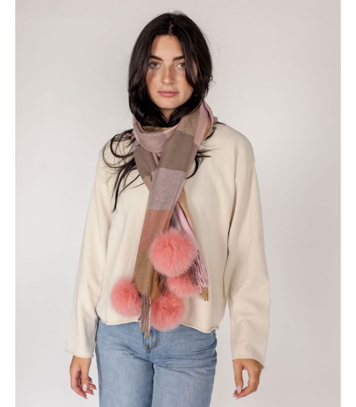 Pink Plaid Scarf with Fur Pom Poms at
