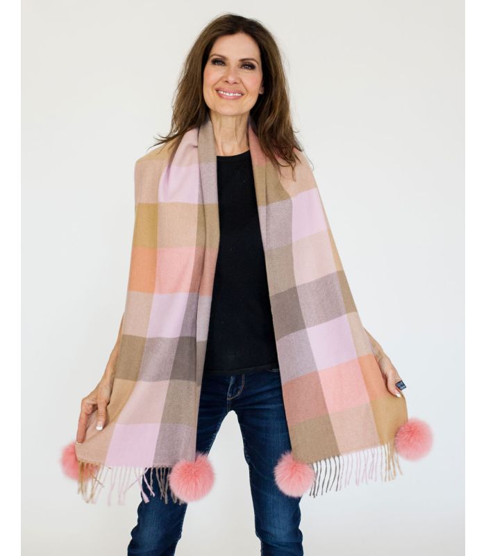 Pink Plaid Scarf with Fur Pom Poms at