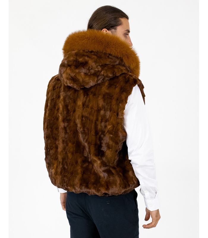 Mink Fur Vest with Fox Fur Trim in Whiskey at