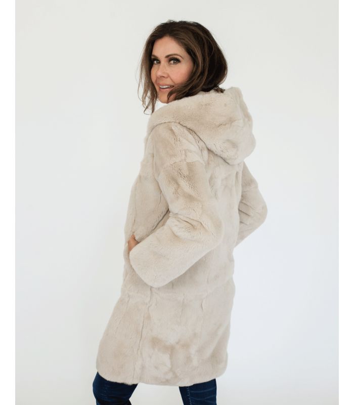 Fur Jacket - Rex Rabbit Fur with Fox Fur Collar - Grey - M at