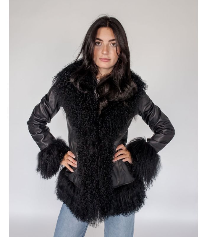 Leather Jacket with Mongolian Lamb Fur Trim at
