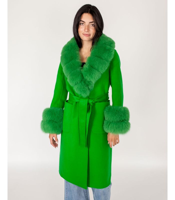 Wool Wrap Coat With Fox Fur Trim In Kelly Green at FurSource.com