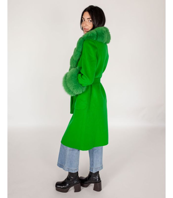 Wool Wrap Coat With Fox Fur Trim In Kelly Green at FurSource.com