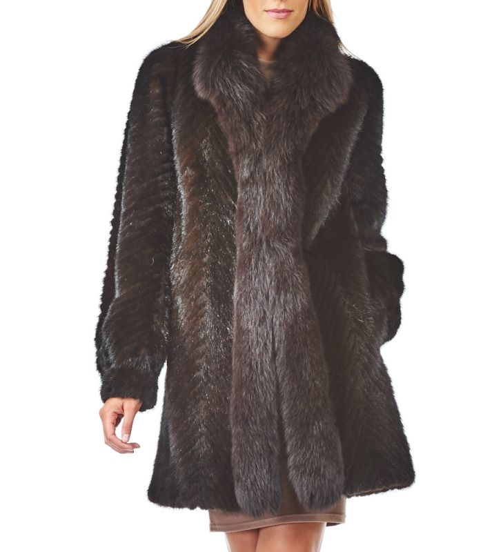 Olivia Textured Mink Stroller Coat with Fox Tuxedo Collar: FurSource.com