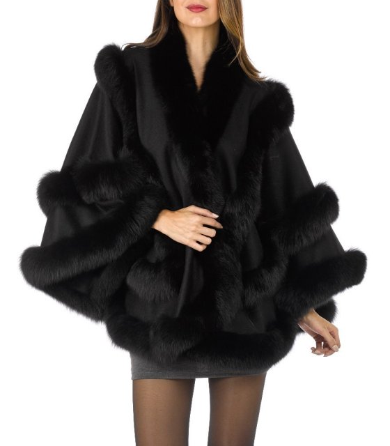 Large Cashmere Cape with Fox Fur Trim - Dark Brown: FurSource.com