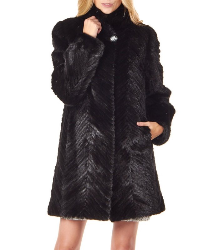 Black Mid Thigh Chevron Textured Mink Fur Coat