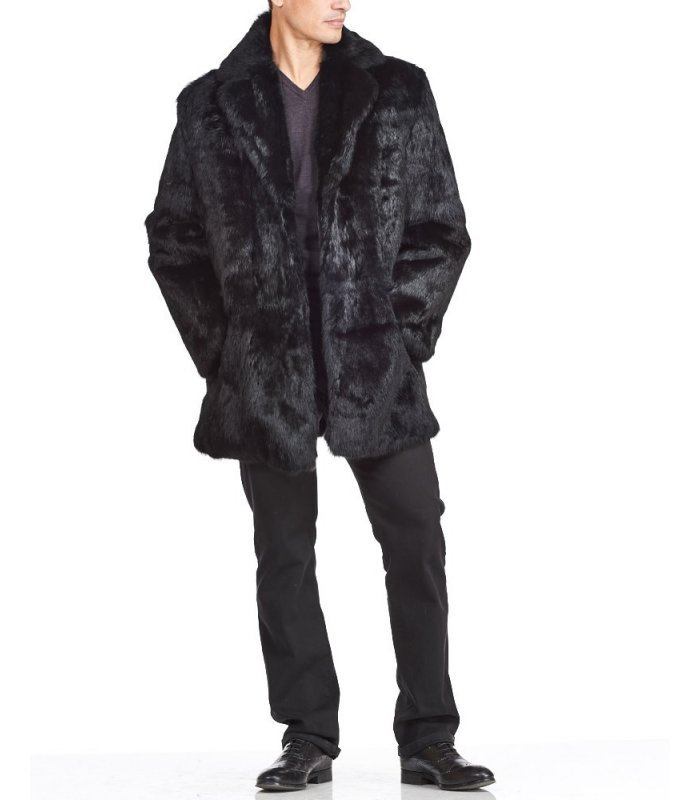 Horizon Black Men's Genuine Rabbit Fur Coat