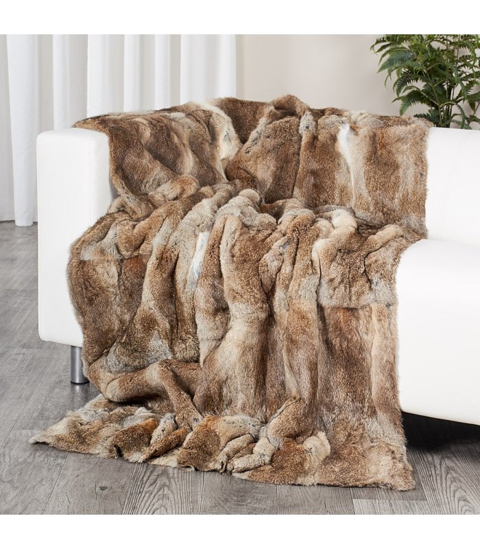 Genuine Natural Brown Rabbit Fur Blanket / Fur Throw