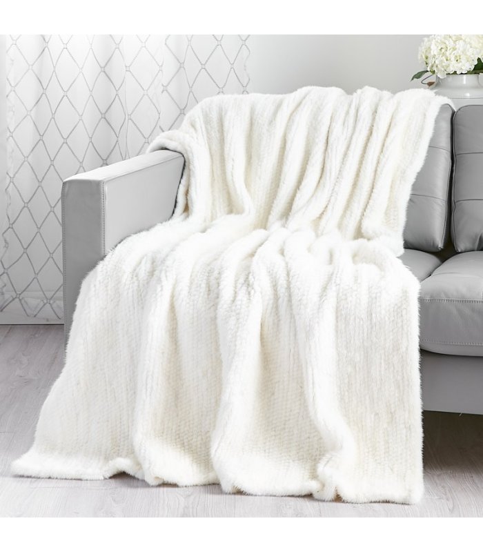 White Knit Mink Fur Throw for Luxurious Home Decor at FurSource.com